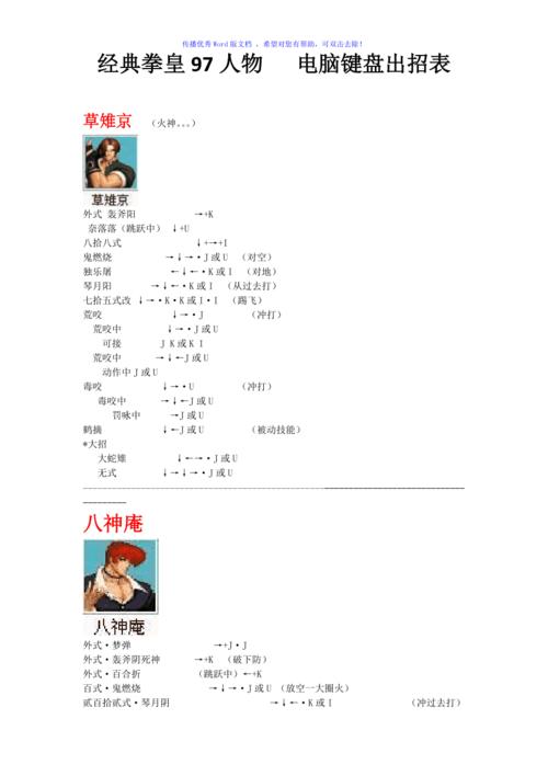 拳皇97八神出招表